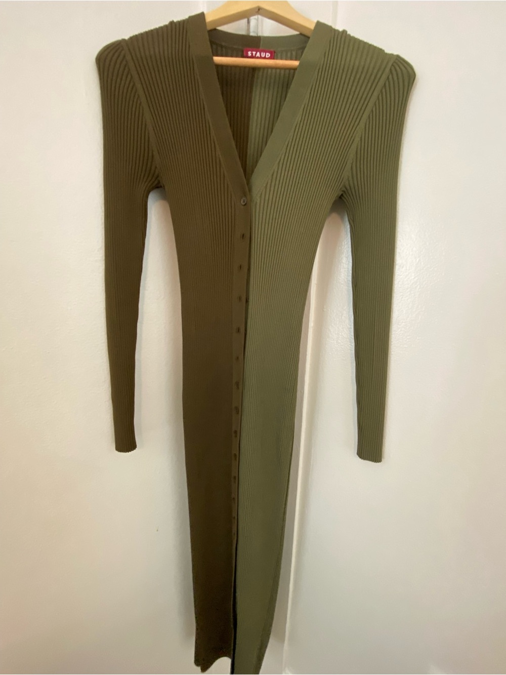 STAUD Two-Tone Olive Ribbed Button-Front Cardigan Dress